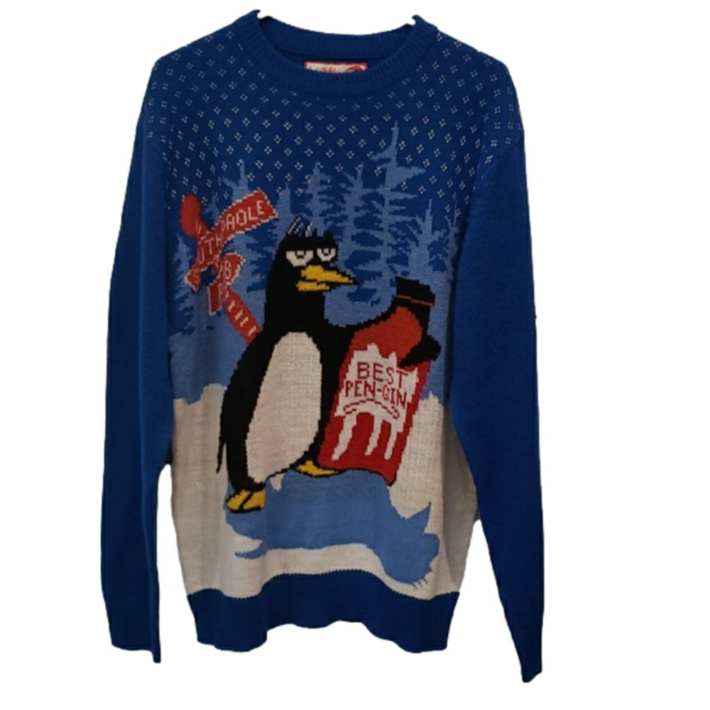 Happy Holidays 'Ugly Christmas Sweater' Blue South Pole Pub Penguin Women'